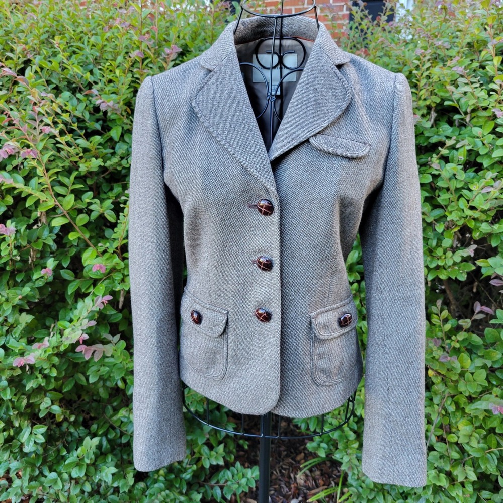Banana Republic 0 Blazer Gray Tweed Martingale Back Leather Woven Buttons Preppy
